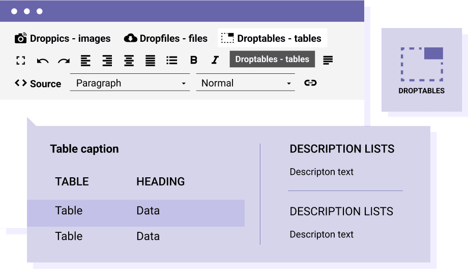 Droptables, Joomla table manager included