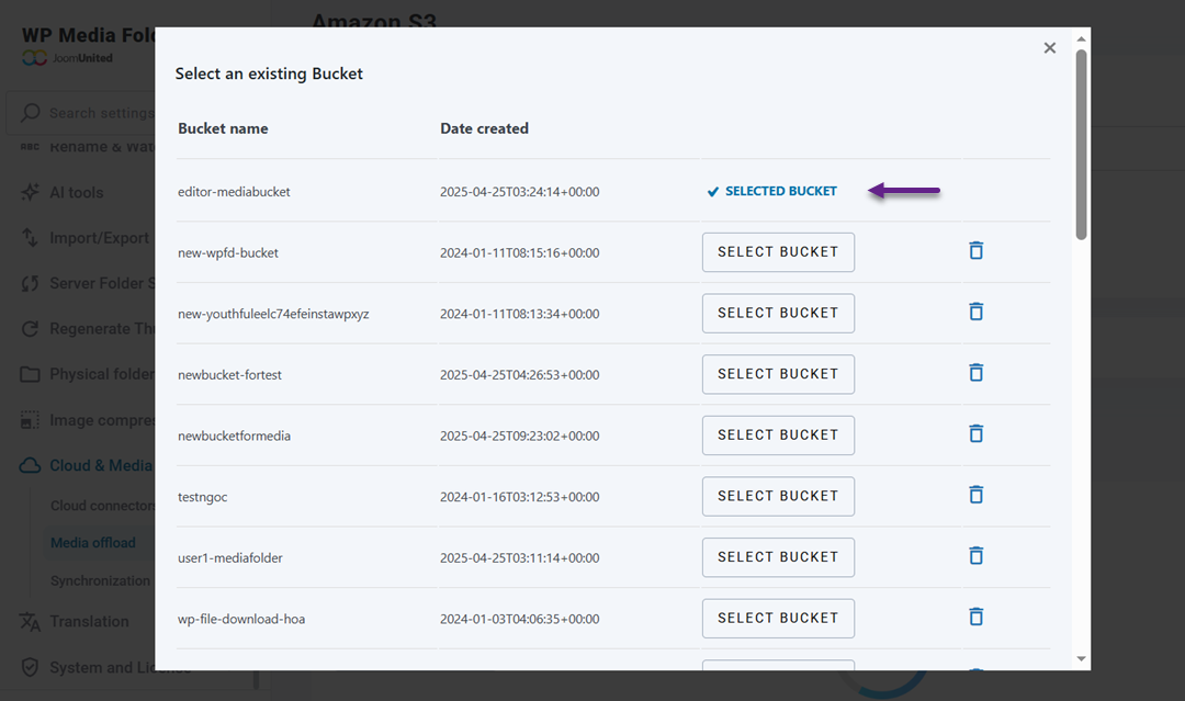 Select Bucket - How to Connect Amazon S3 Buckets to WP Media Folder for Optimized Cloud Storage